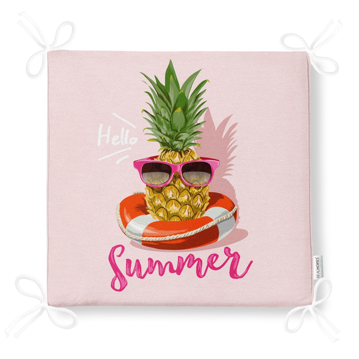 Pembe Zeminli Summer Ananas Desenli Fermuarlı Sandalye Minderi Realhomes