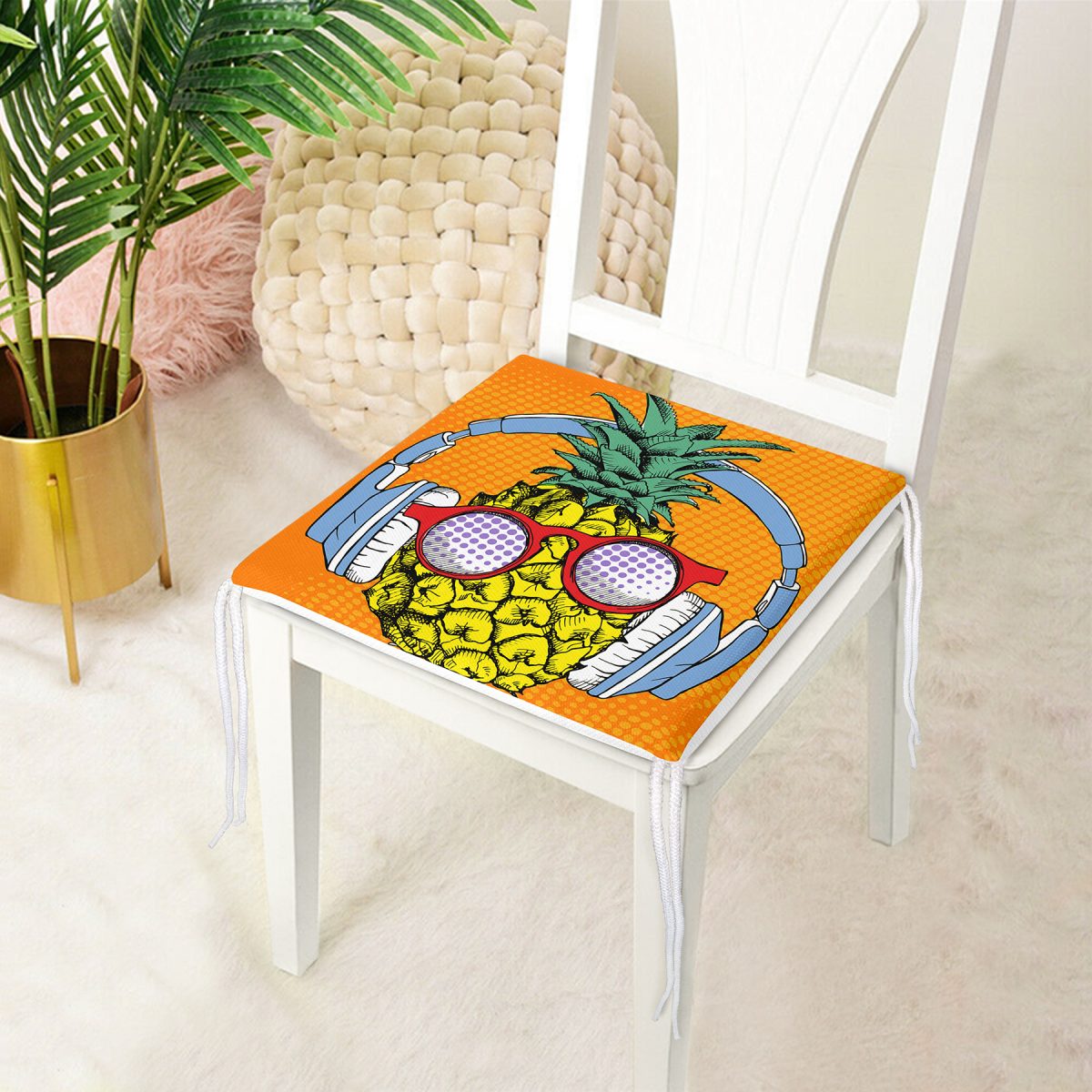 Turuncu Zeminde Summer Ananas Tasarımlı Fermuarlı Sandalye Minderi Realhomes