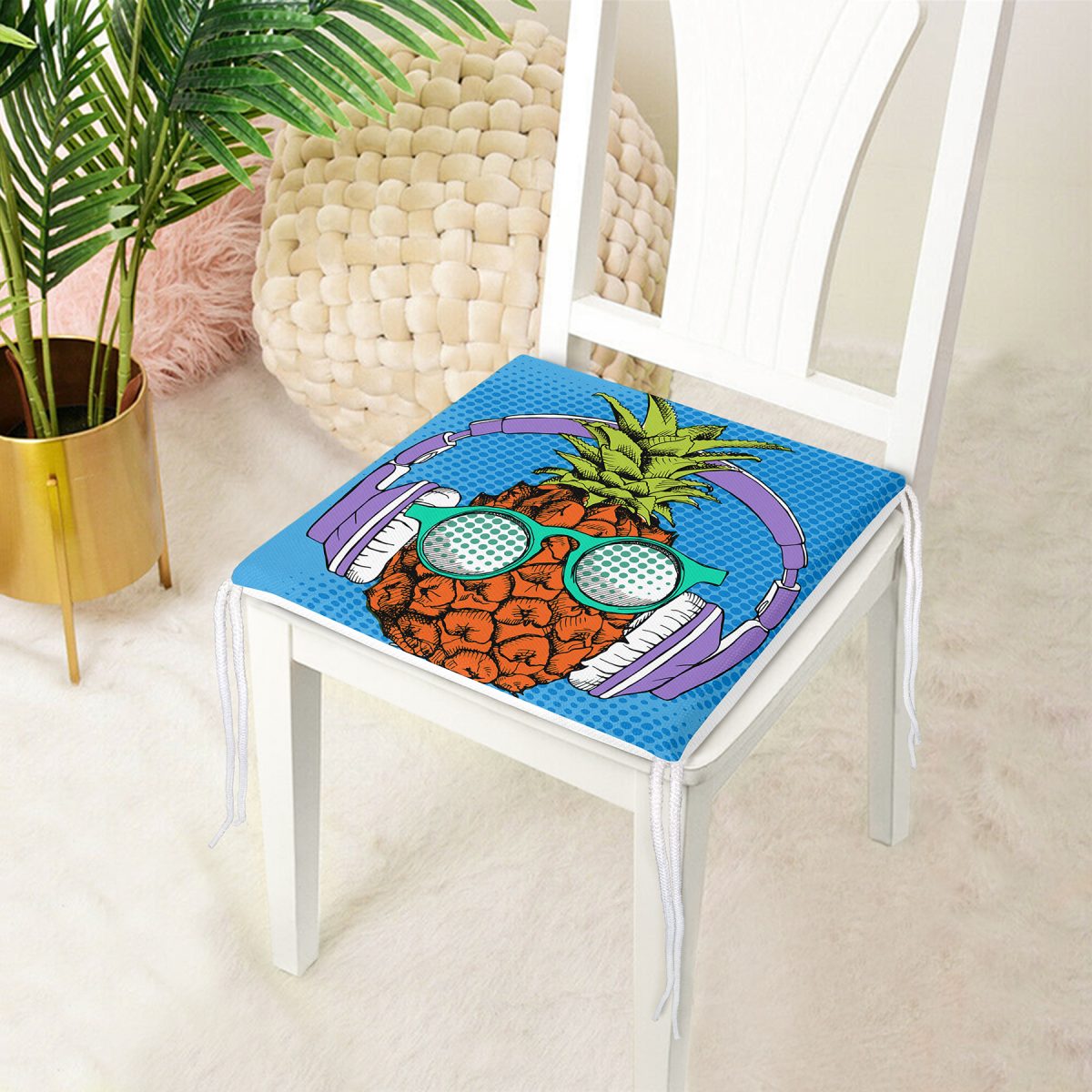 Mavi Zeminli Tropikal Ananas Tasarımlı Fermuarlı Sandalye Minderi Realhomes