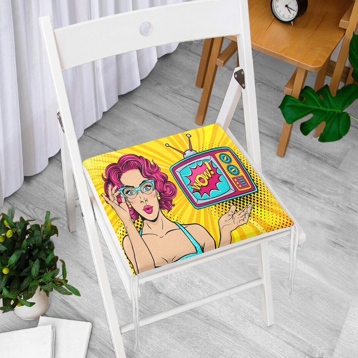 Pop Art Wow Desenli Özel Tasarım Dekoratif Fermuarlı Sandalye Minderi Realhomes