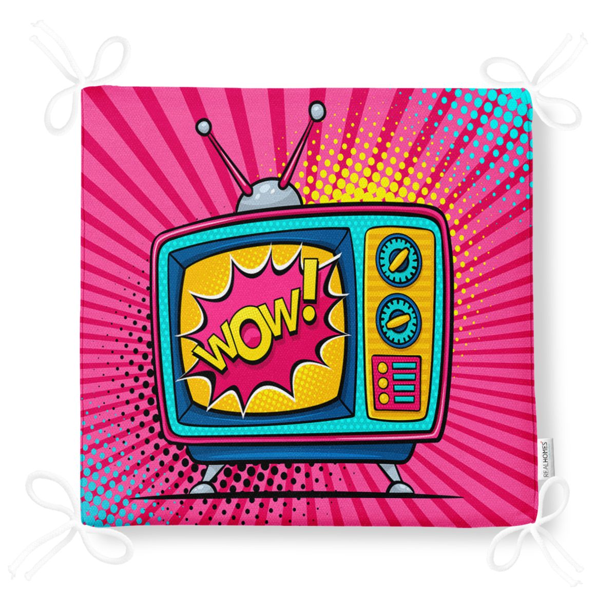 Pop Art Wow TV Desenli Dekoratif Fermuarlı Sandalye Minderi Realhomes