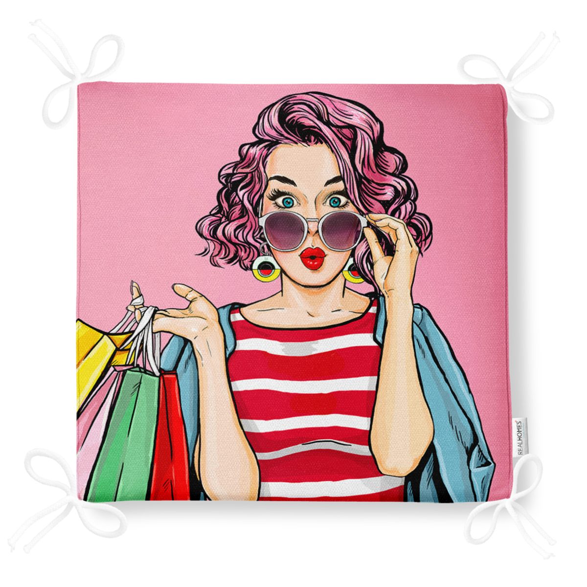 Pembe Zeminli Popart Desenli Dekoratif Fermuarlı Sandalye Minderi Realhomes