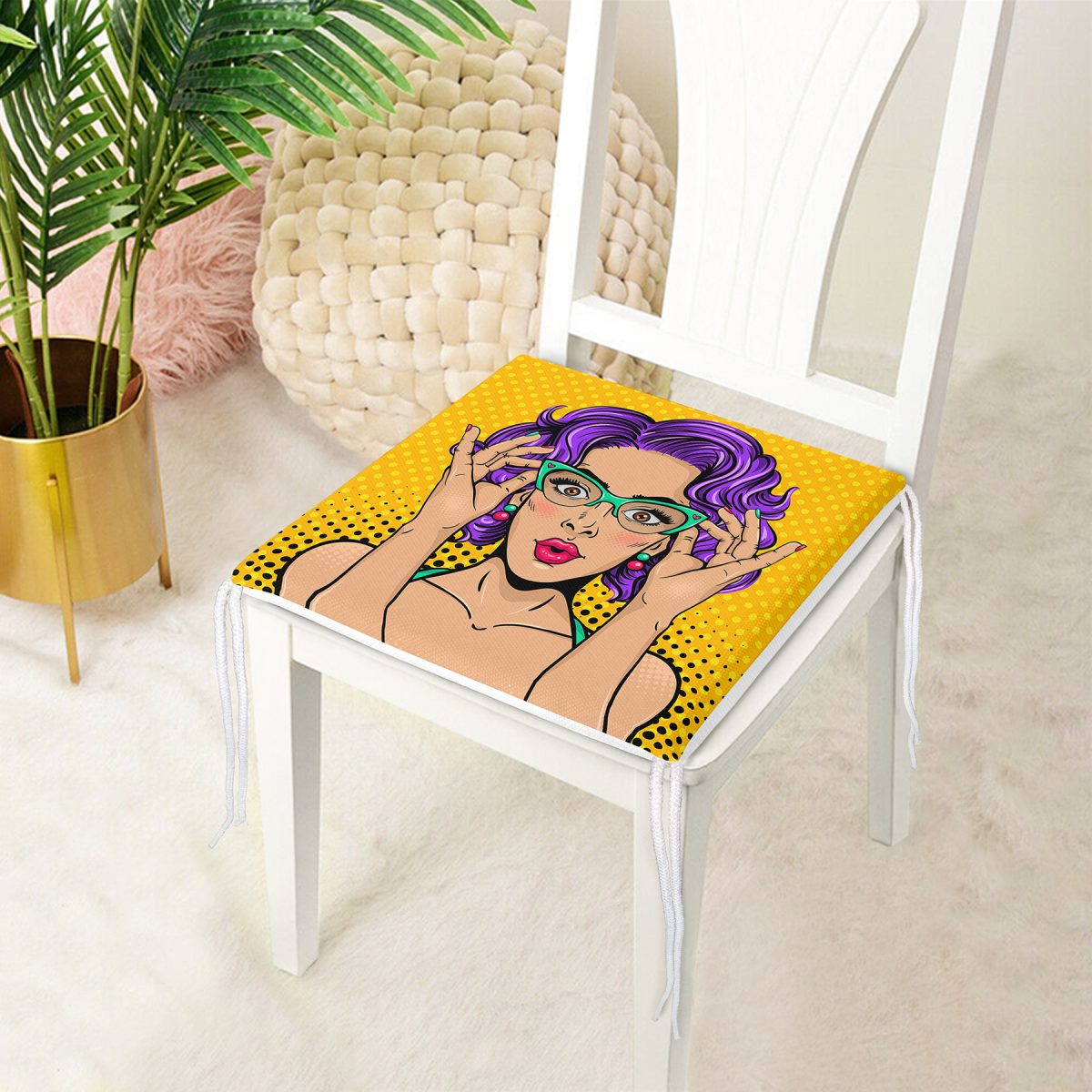 Sarı Puanlı Popart Desenli Dekoratif Fermuarlı Sandalye Minderi Realhomes