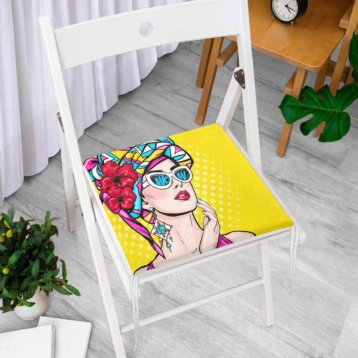 Sarı Zeminli Summer Popart Tasarımlı Dekoratif Fermuarlı Sandalye Minderi Realhomes