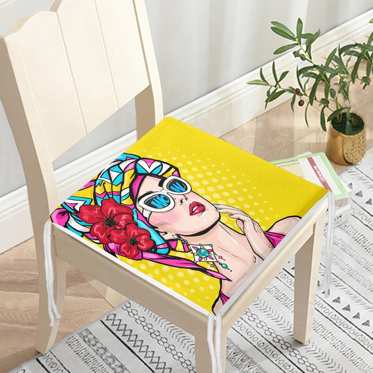 Sarı Zeminli Summer Popart Tasarımlı Dekoratif Fermuarlı Sandalye Minderi Realhomes