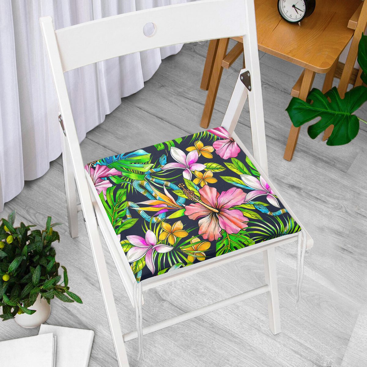 Lacivert Zeminli Tropikal Desenli Dijital Baskılı Fermuarlı Sandalye Minderi Realhomes