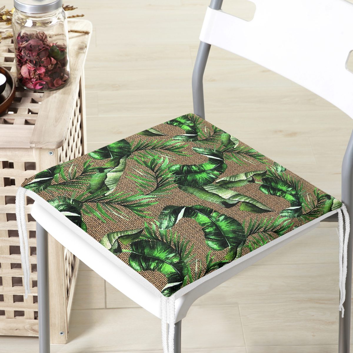 Çuval Zeminde Yeşil Yaprak Desenli Özel Tasarım Fermuarlı Sandalye Minderi Realhomes