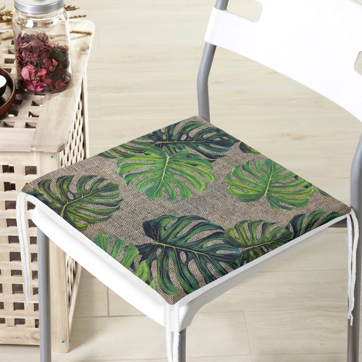 Çuval Zeminli Palmiye Yaprakları Özel Tasarım Fermuarlı Sandalye Minderi Realhomes