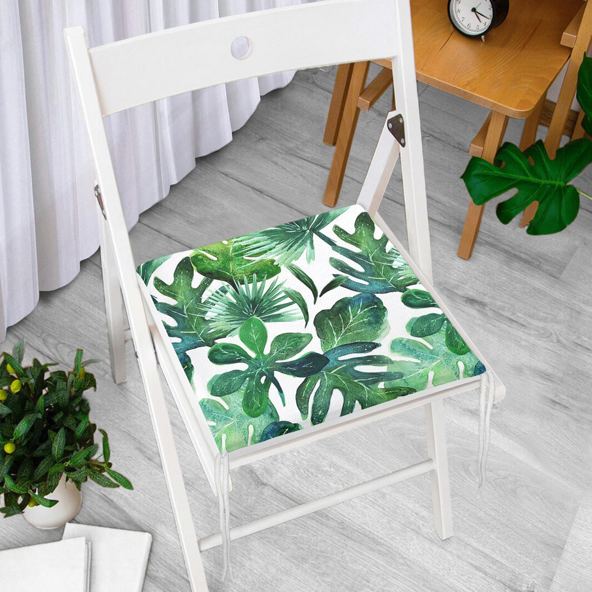 Suluboya Tropikal Yapraklar Desenli Özel Tasarım Fermuarlı Sandalye Minderi Realhomes