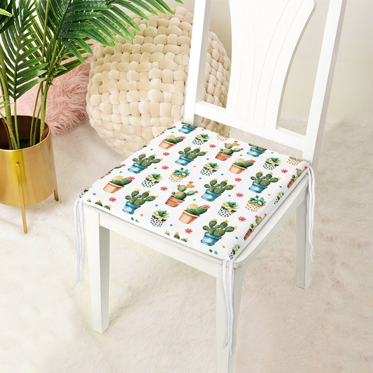 Saksıda Sevimli Kaktüsler Tasarımlı Dekoratif Modern Fermuarlı Sandalye Minderi Realhomes