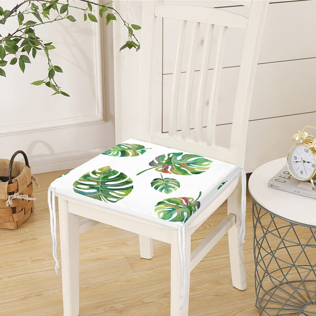 Suluboya Palmiye Yaprakları Desenli Özel Tasarım Fermuarlı Sandalye Minderi Realhomes