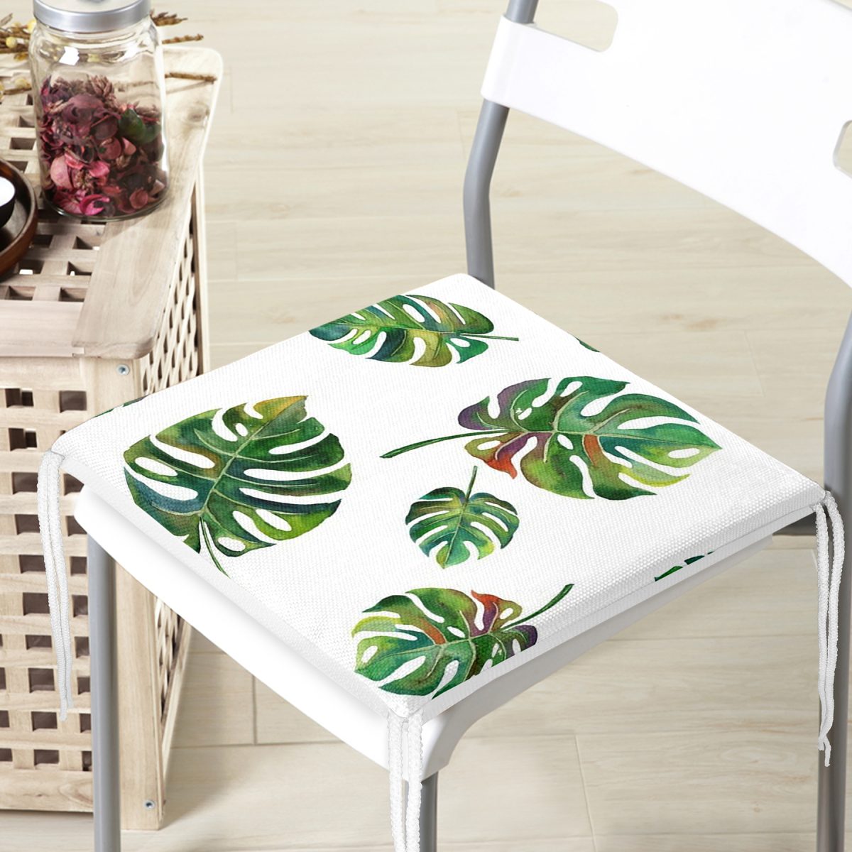 Suluboya Palmiye Yaprakları Desenli Özel Tasarım Fermuarlı Sandalye Minderi Realhomes