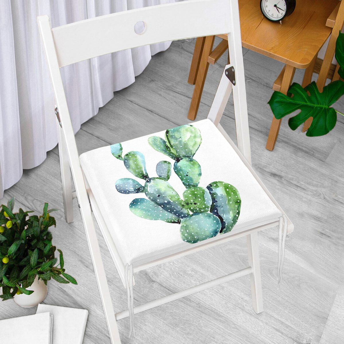 Suluboya Kaktüs Çizimli Modern Tasarım 3D Fermuarlı Sandalye Minderi Realhomes