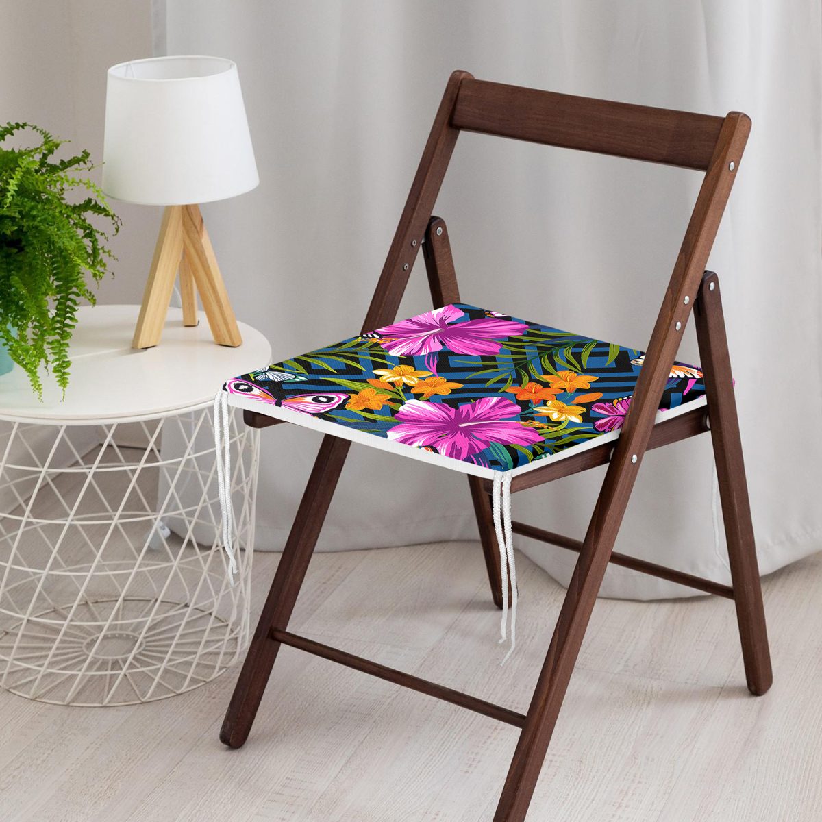 Mavi Zeminli Geometrik Çiçekler Modern Tasarımlı Fermuarlı Sandalye Minderi Realhomes