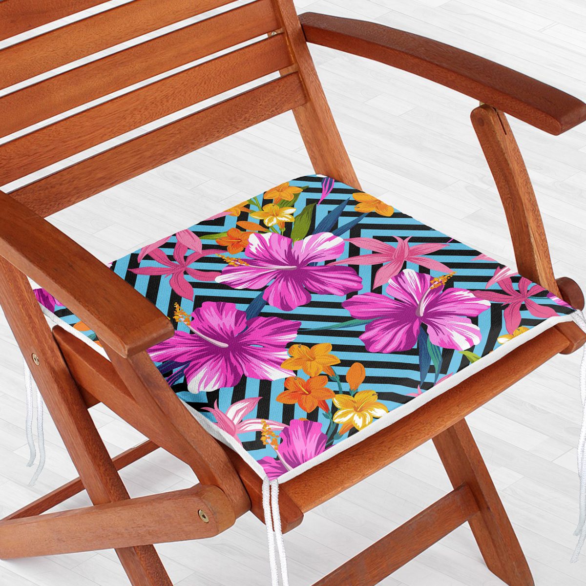 Mavi Geometrik Zeminli Çiçekler Modern Tasarım Fermuarlı Sandalye Minderi Realhomes