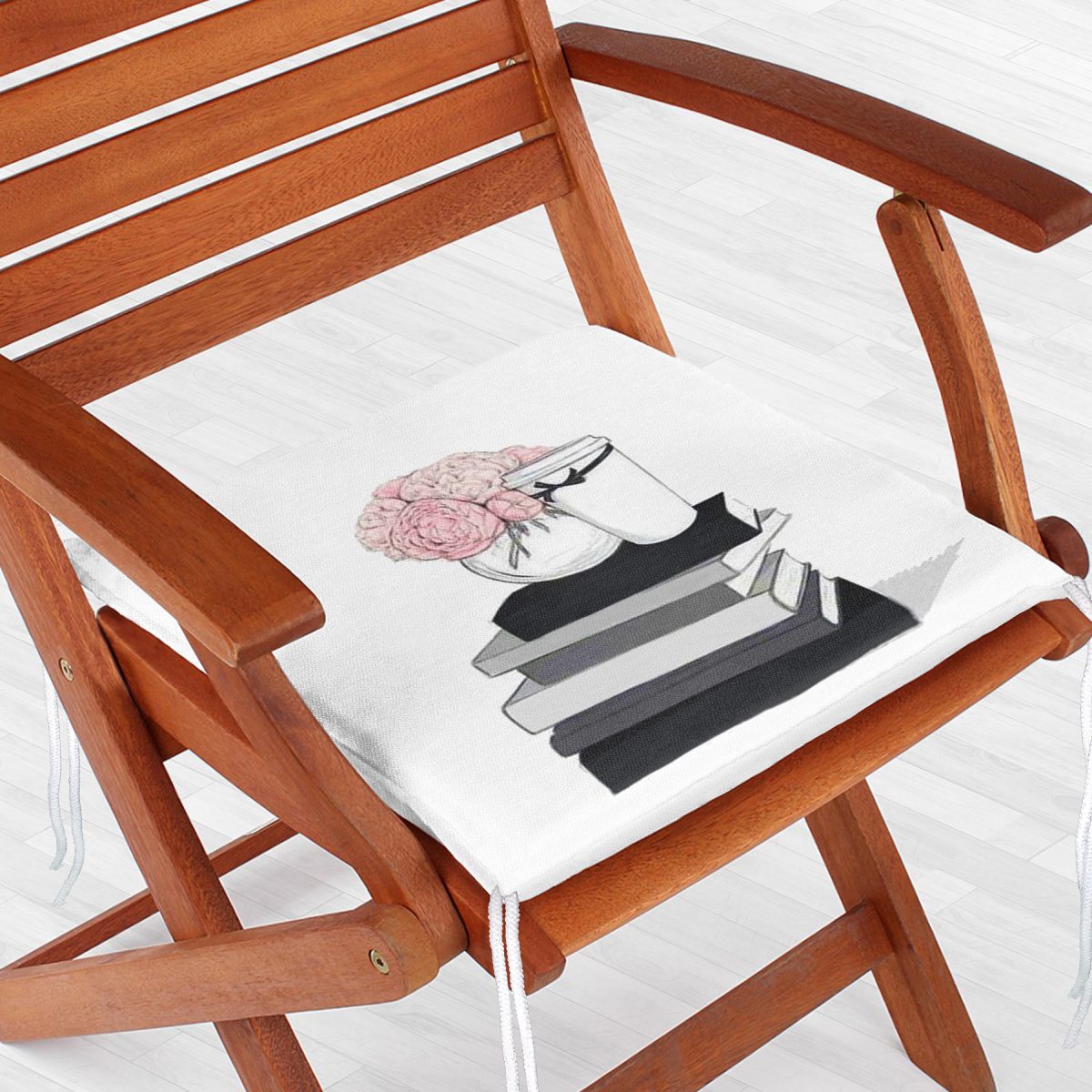 Gül Kitap ve Kahve Tasarımlı Dijital Baskılı Fermuarlı Sandalye Minderi Realhomes