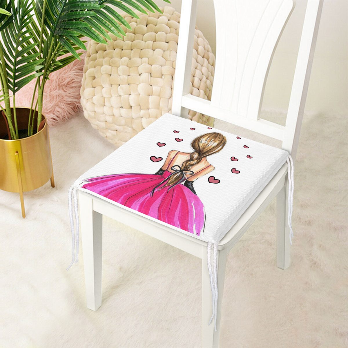 Balerin Kız Çizimli Dijital Baskılı 3D Dekoratif Fermuarlı Sandalye Minderi Realhomes