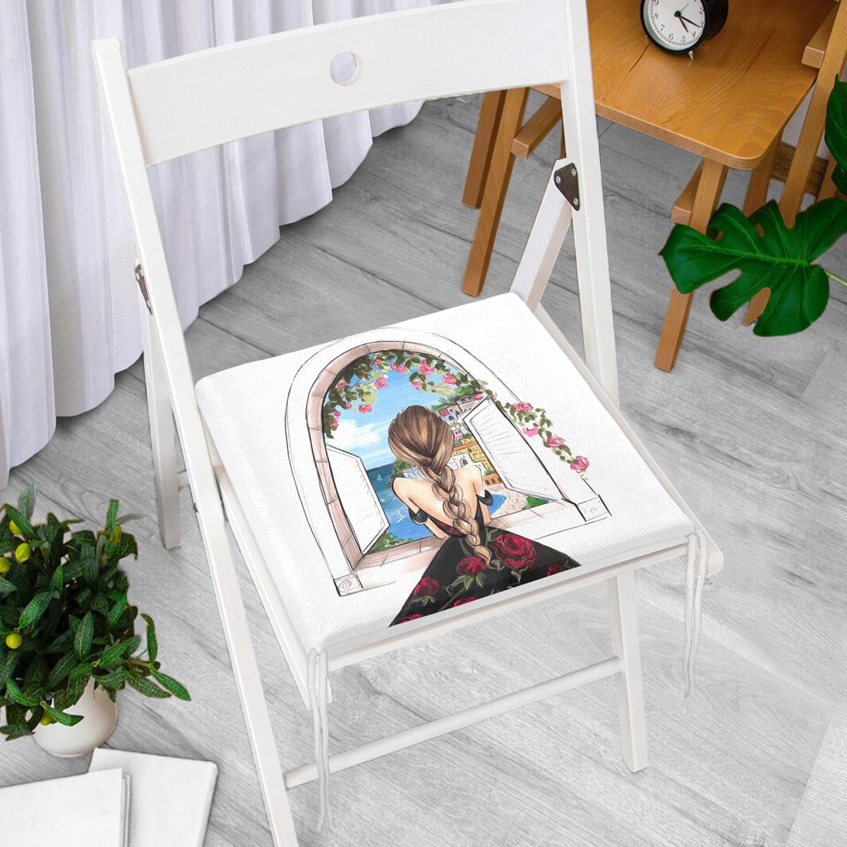 Mutluluk Manzarası Suluboya Çizimli Özel Tasarım Dekoratif Fermuarlı Sandalye Minderi Realhomes