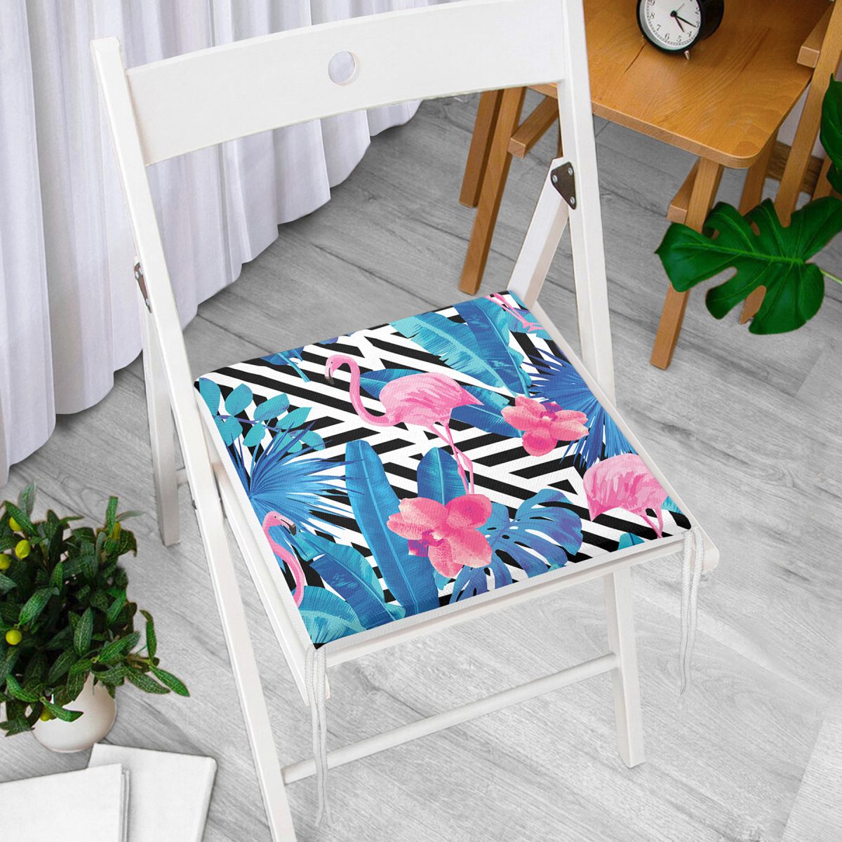Geometrik Mavi Pempe Flamingo Tasarımlı Dijital Baskılı Fermuarlı Sandalye Minderi Realhomes