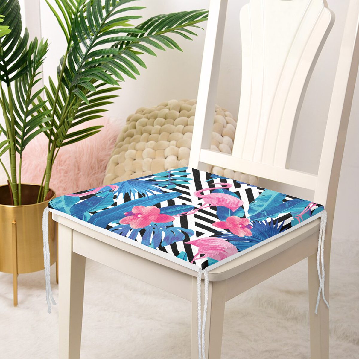 Geometrik Mavi Pempe Flamingo Tasarımlı Dijital Baskılı Fermuarlı Sandalye Minderi Realhomes