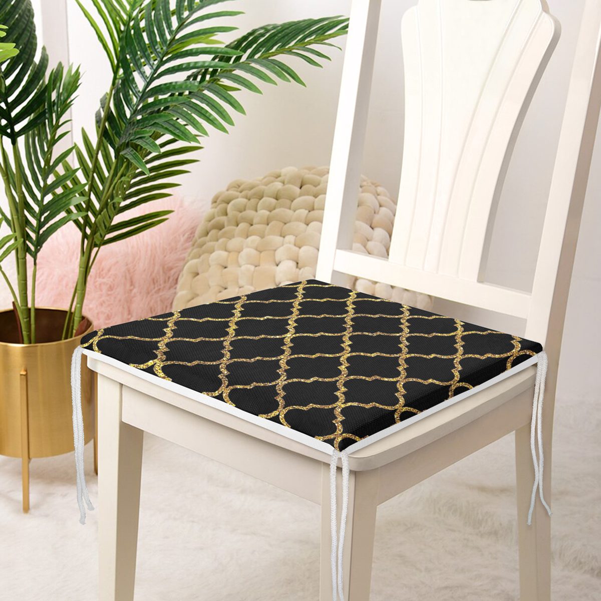 Gold Detaylı Ogea Desenli Dekoratif Modern Fermuarlı Sandalye Minderi Realhomes