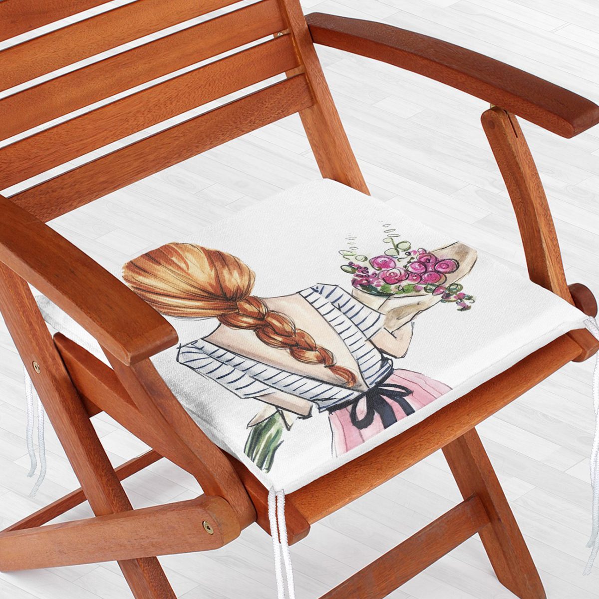Çiçekli Kız Çizimli Modern Dekoratif Fermuarlı Sandalye Minderi Realhomes