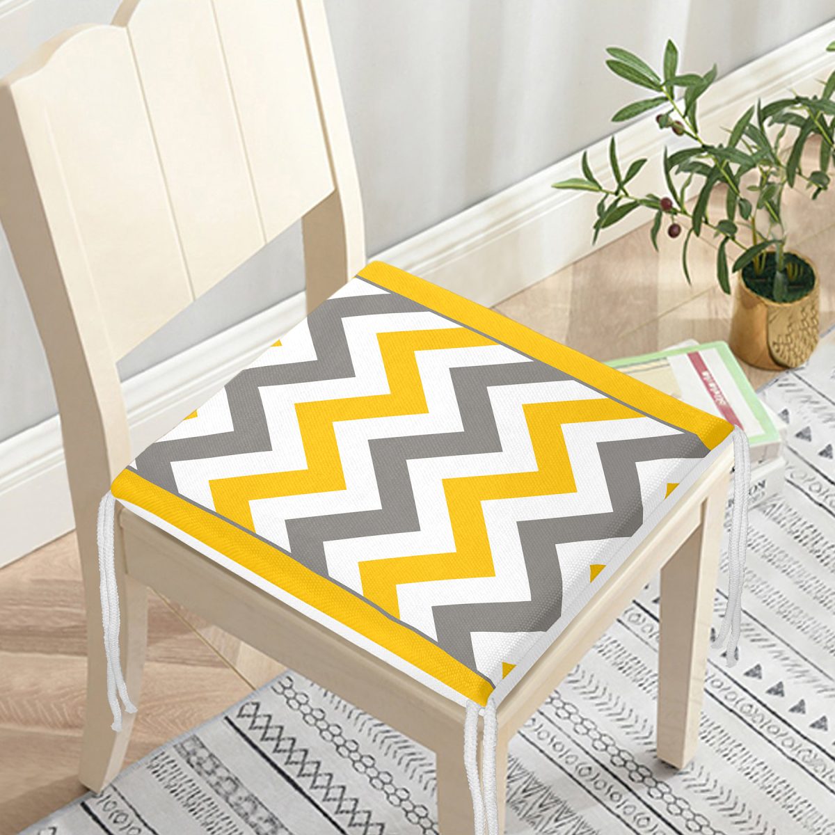 Sarı Gri Zigzag Desenli Dijital Baskılı Fermuarlı Sandalye Minderi Realhomes
