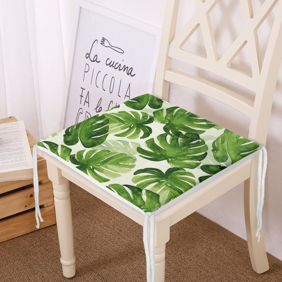 Suluboya Zambak Yaprakları Çizimli Özel Tasarım Fermuarlı Sandalye Minderi Realhomes