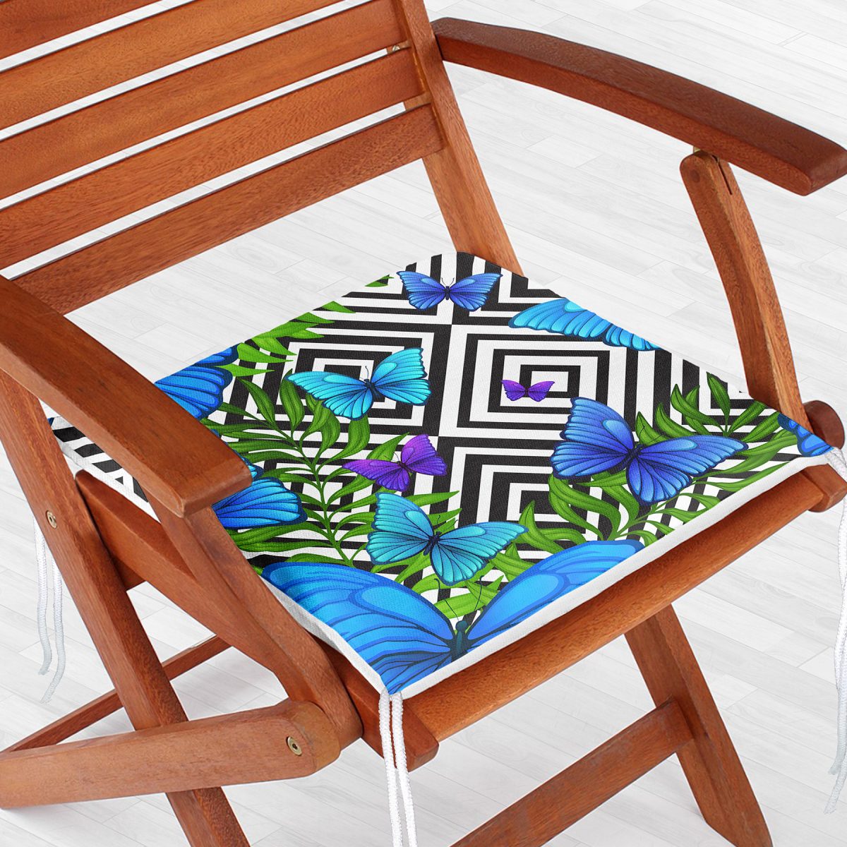 Geometrik Zeminli Mavi Kelebek Baskılı Fermuarlı Sandalye Minderi Realhomes