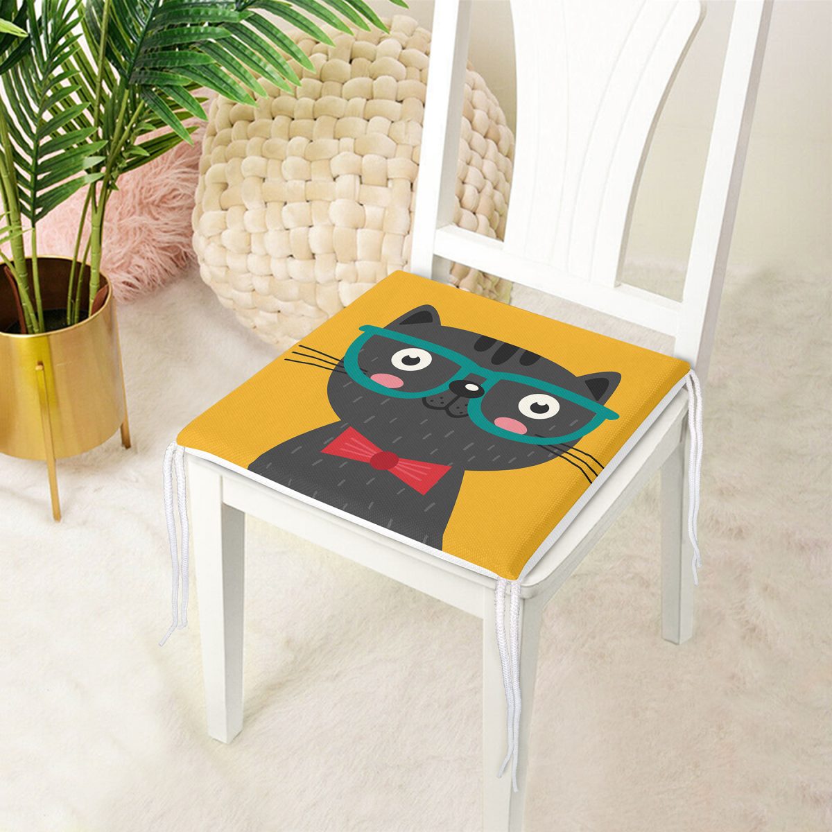 Realhomes Renkli Kedi Dijital Baskılı Modern Fermuarlı Sandalye Minderi Realhomes