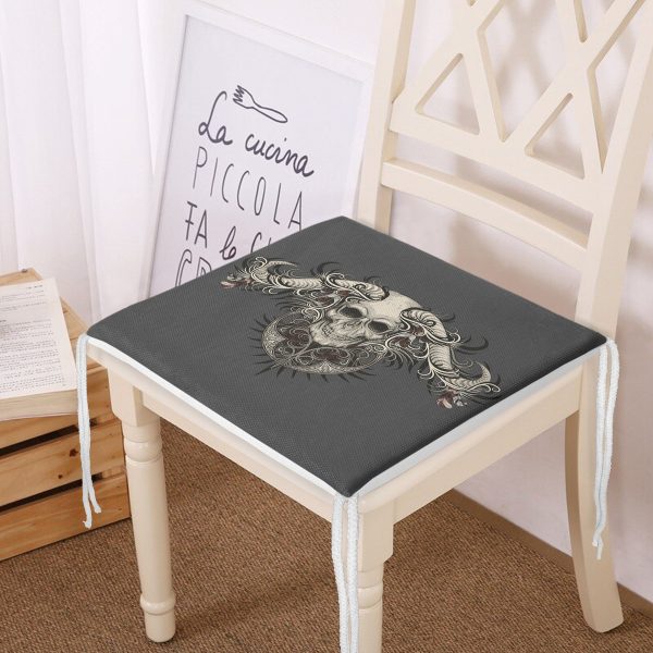 Gri Zeminde Kuru Kafa Motifli Özel Tasarım Fermuarlı Sandalye Minderi Realhomes