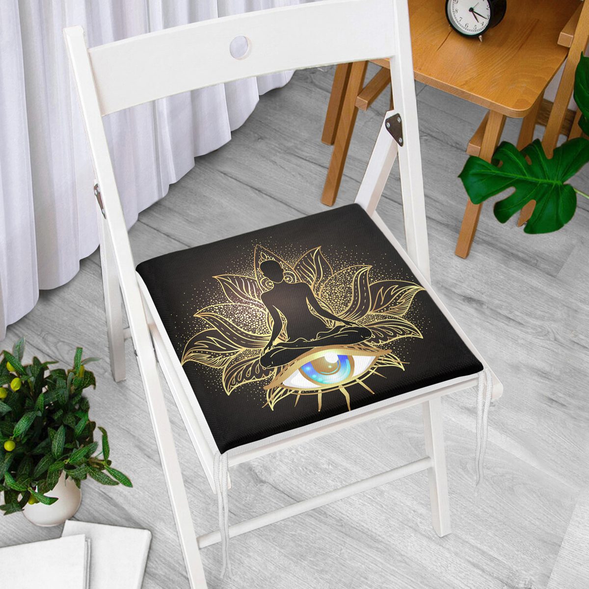 Altın Motifli Yoga Ve Mavi Göz Desenli Özel Tasarım Dijital Baskılı Fermuarlı Sandalye Minderi Realhomes