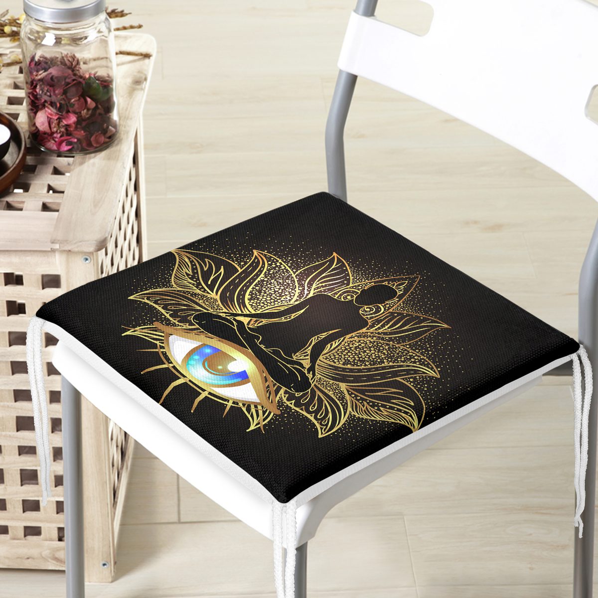 Altın Motifli Yoga Ve Mavi Göz Desenli Özel Tasarım Dijital Baskılı Fermuarlı Sandalye Minderi Realhomes