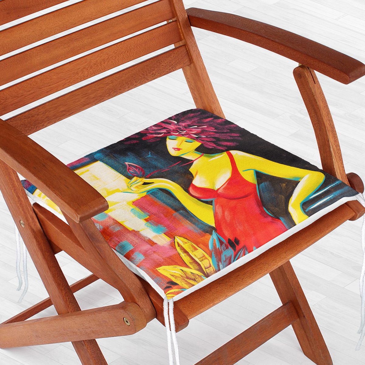 Sulu Boya Kırmızı Elbiseli Motifli Özel Tasarım Fermuarlı Sandalye Minderi Realhomes