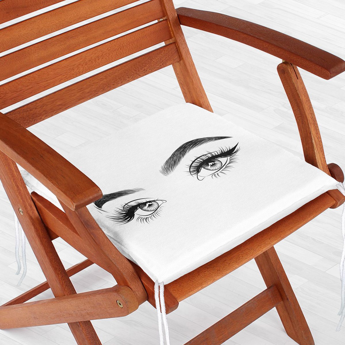 RealHomes Beyaz Zeminde Kirpik Motifli Özel Tasarım Fermuarlı Sandalye Minderi Realhomes