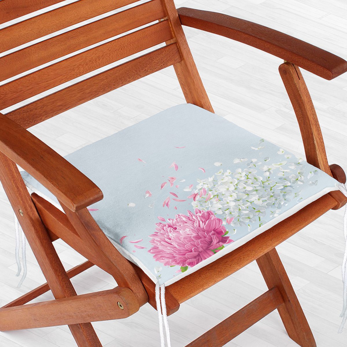 Mavi Zeminde Fuşya Beyaz Ortanca Çiçeği Baskılı Fermuarlı Sandalye Minderi Realhomes