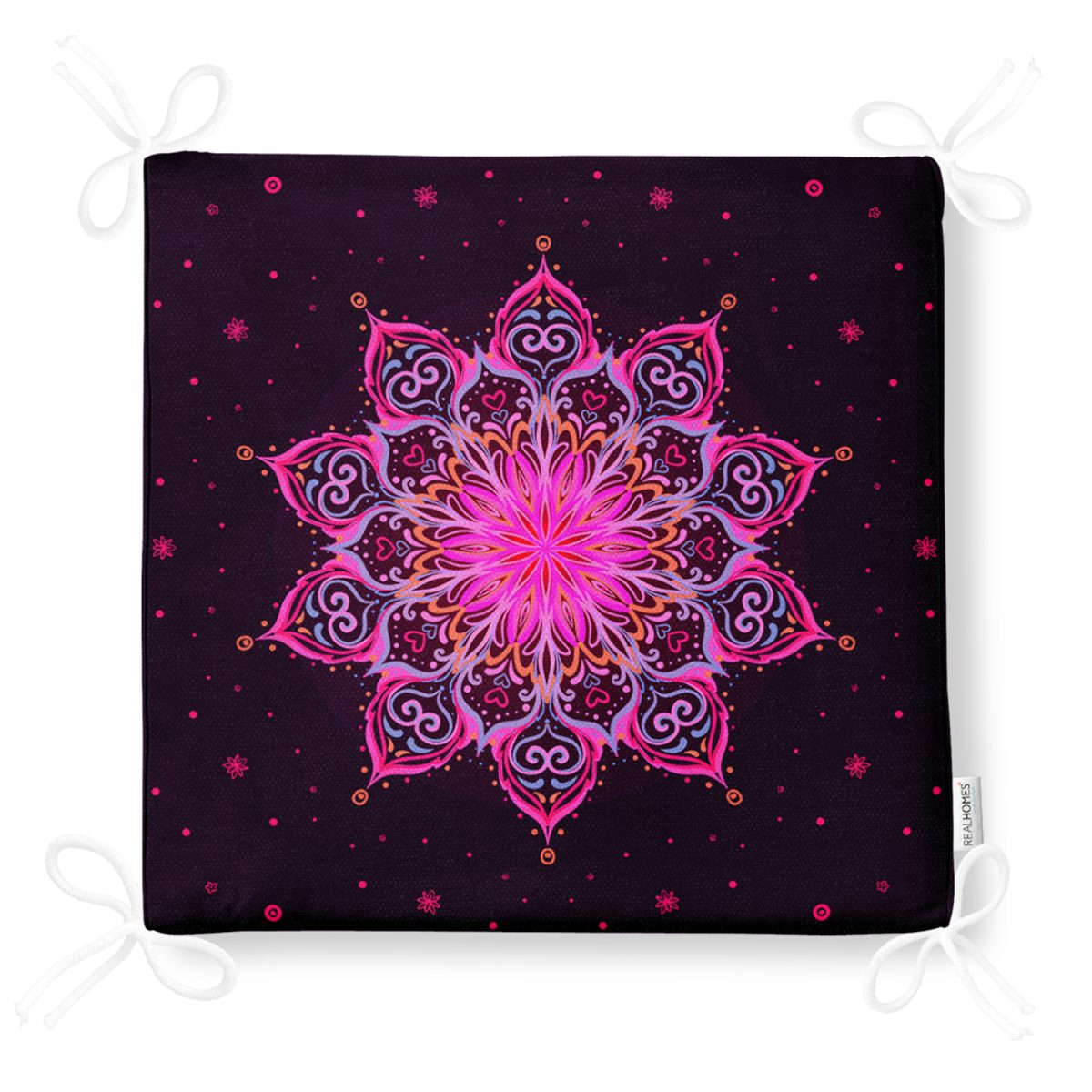 Siyah Zeminde Pembe Neon Mandala Desenli Dekoratif Fermuarlı Sandalye Minderi Realhomes