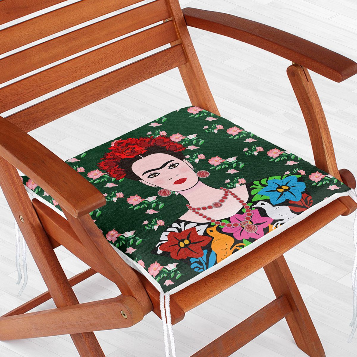 Yeşil Zeminde Frida Kahlo Motifli Özel Tasarım Fermuarlı Sandalye Minderi Realhomes