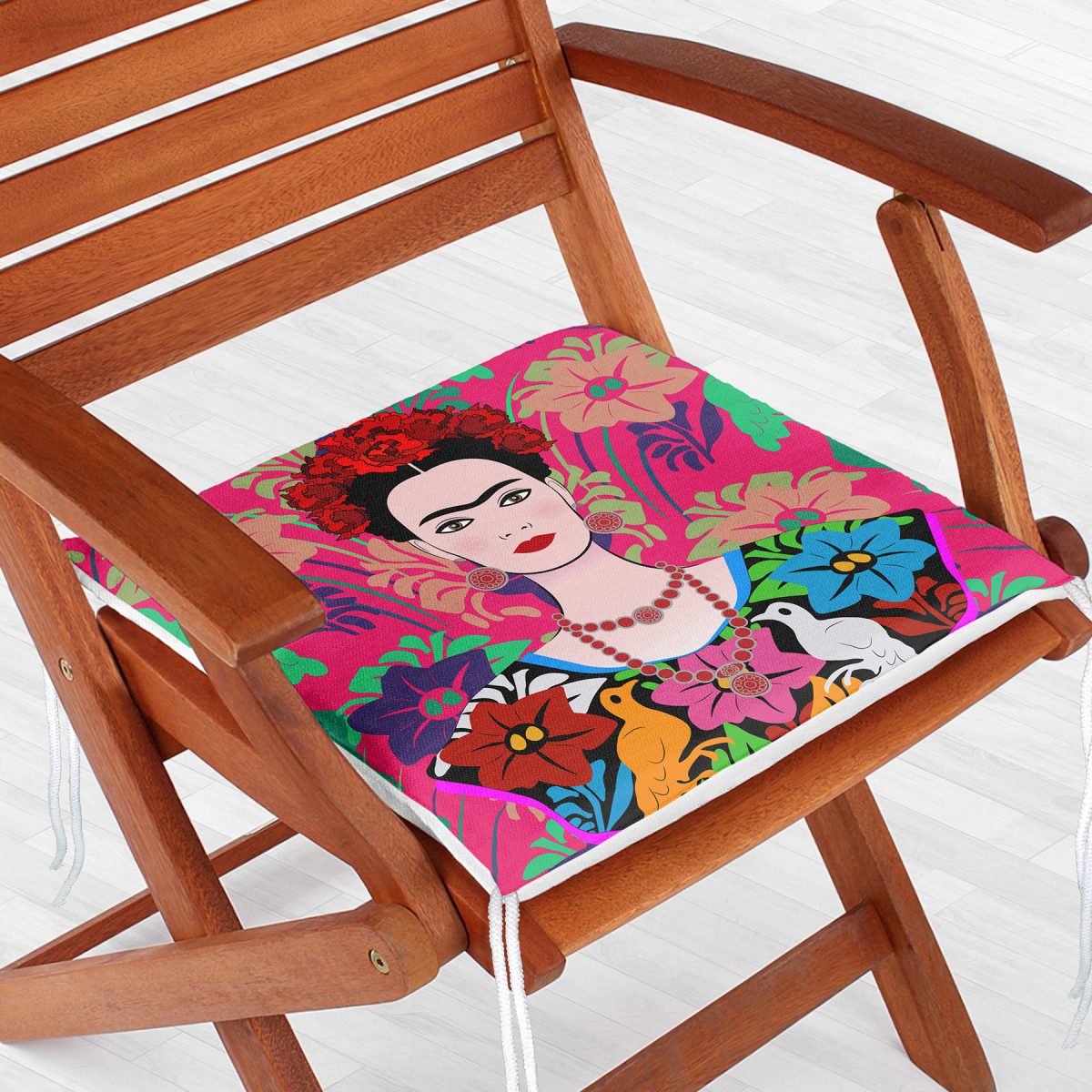 Fuşya Zeminde Frida Kahlo Motifli Özel Tasarım Fermuarlı Sandalye Minderi Realhomes