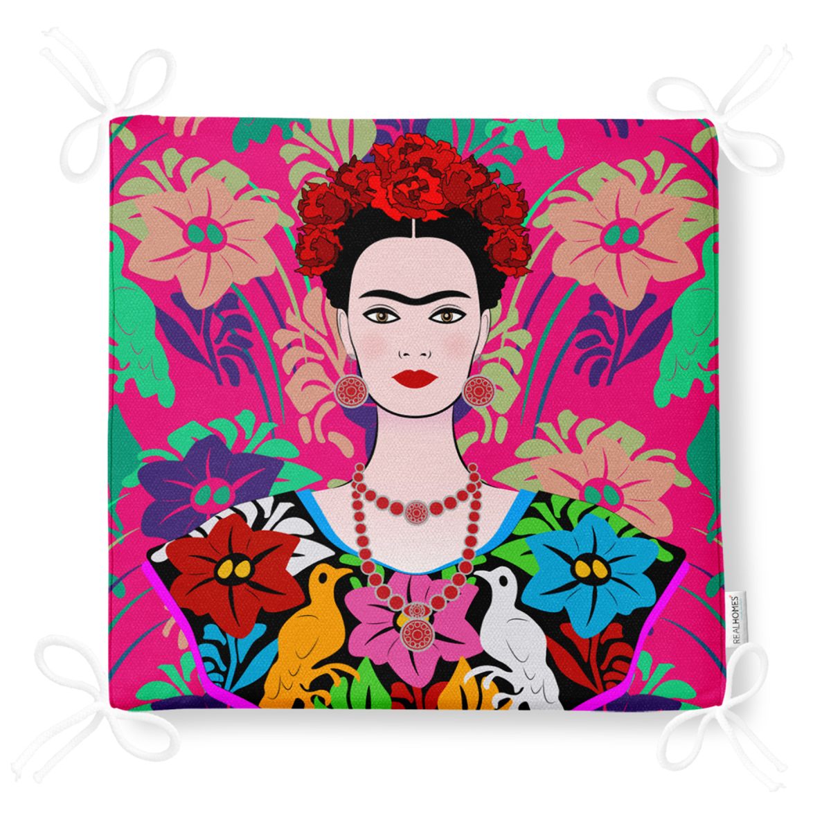 Fuşya Zeminde Frida Kahlo Motifli Özel Tasarım Fermuarlı Sandalye Minderi Realhomes