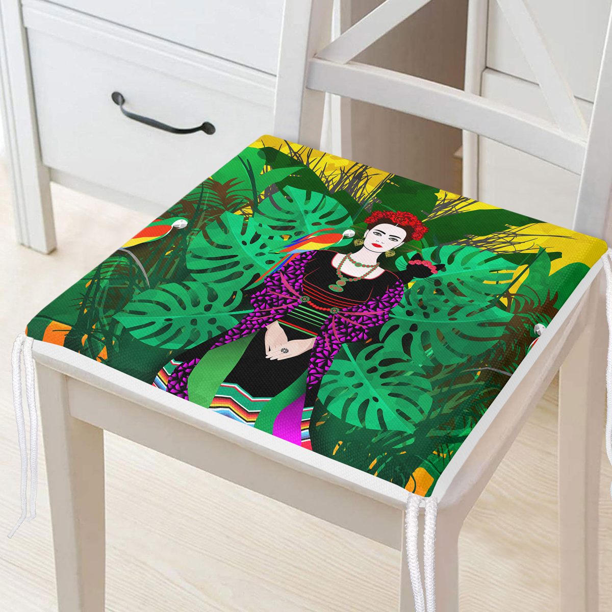 Tropik Yapraklar İçerisinde Frida Motifli Dijital Baskılı Fermuarlı Sandalye Minderi Realhomes