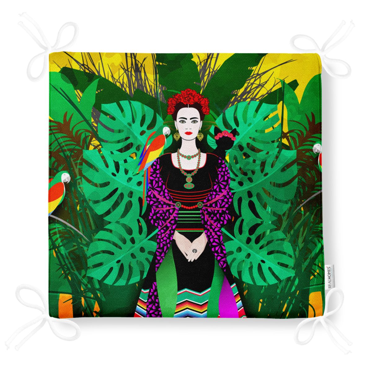 Tropik Yapraklar İçerisinde Frida Motifli Dijital Baskılı Fermuarlı Sandalye Minderi Realhomes
