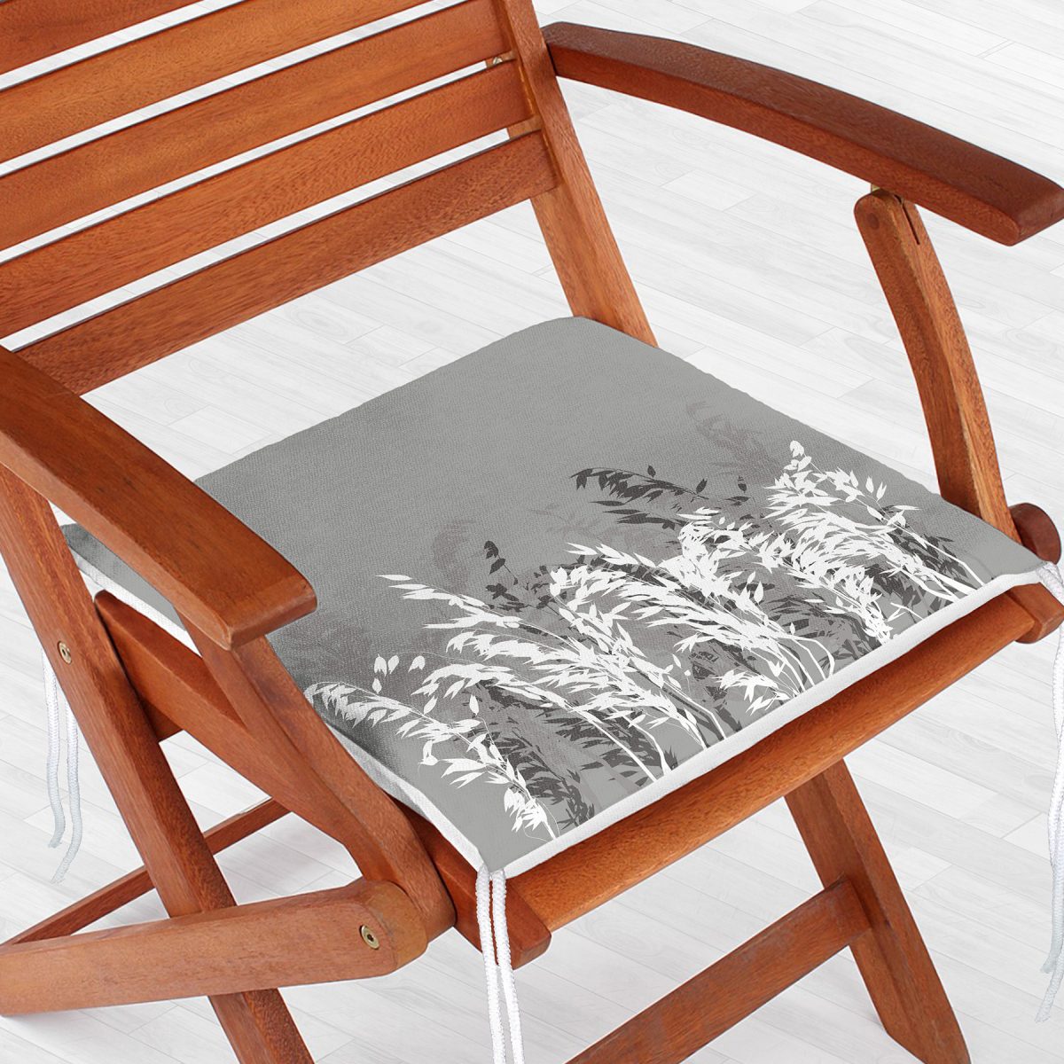 Gri Zeminde Beyaz Çiçek Motifli Özel Tasarım Fermuarlı Sandalye Minderi Realhomes