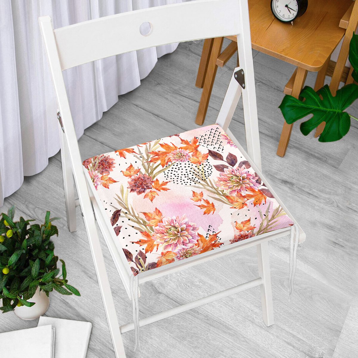 Sonbahar Temalı Pembe Çiçek Desenli Özel Tasarım Modern Fermuarlı Sandalye Minderi Realhomes