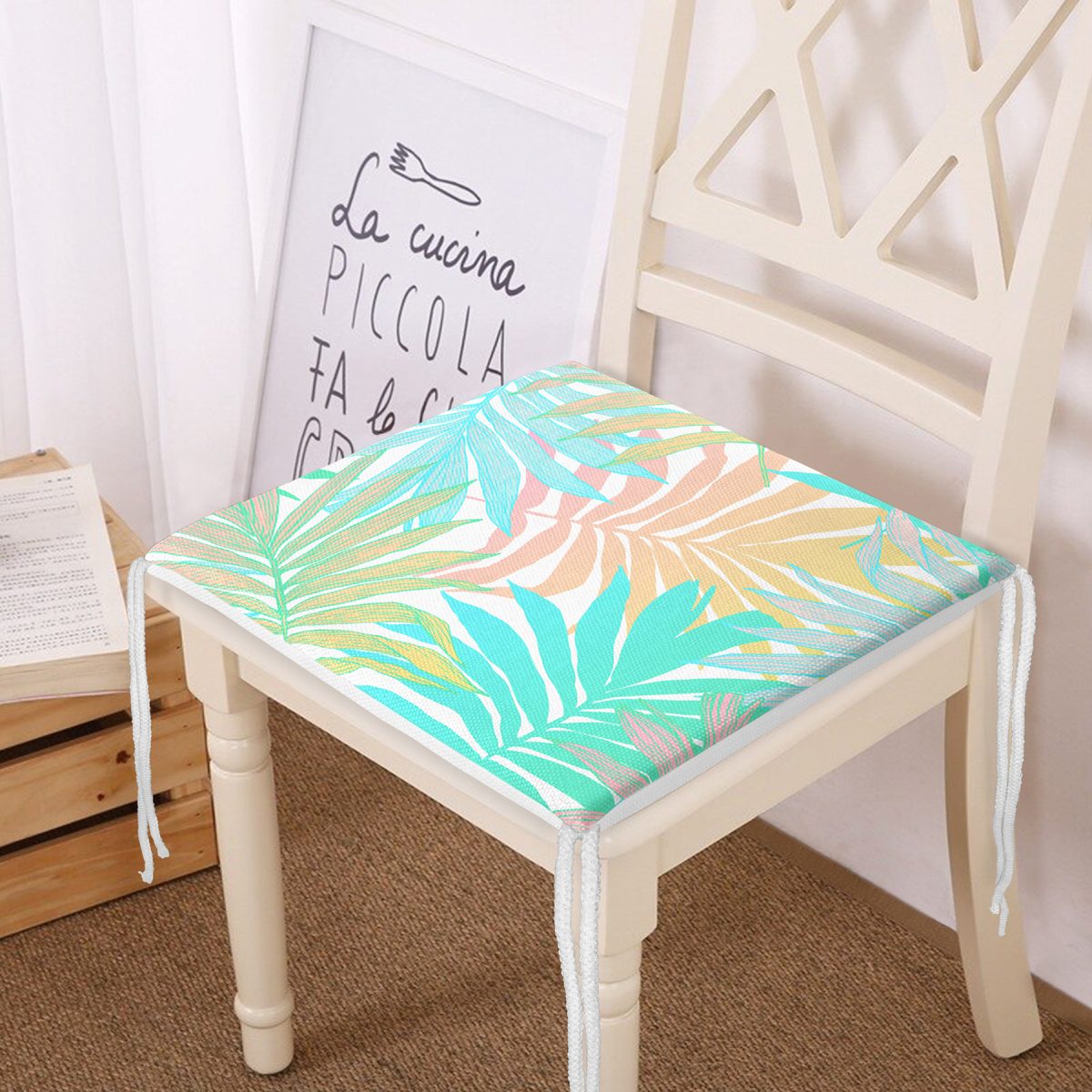 Mavi Ve Pembe Yaprak Çizimli Özel Tasarım Dijital Baskılı Fermuarlı Sandalye Minderi Realhomes