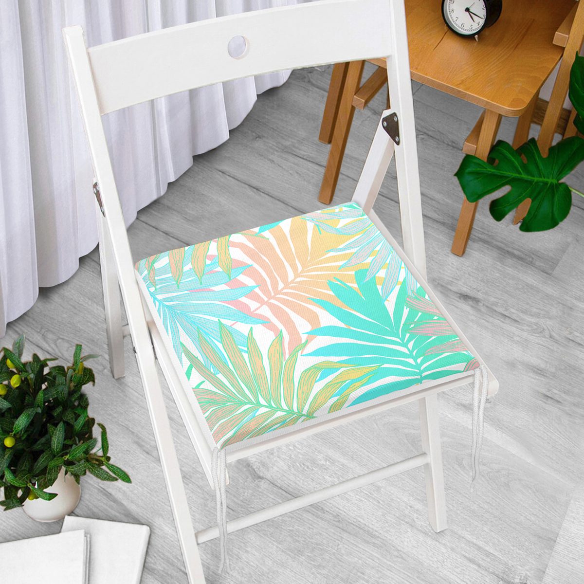 Mavi Ve Pembe Yaprak Çizimli Özel Tasarım Dijital Baskılı Fermuarlı Sandalye Minderi Realhomes