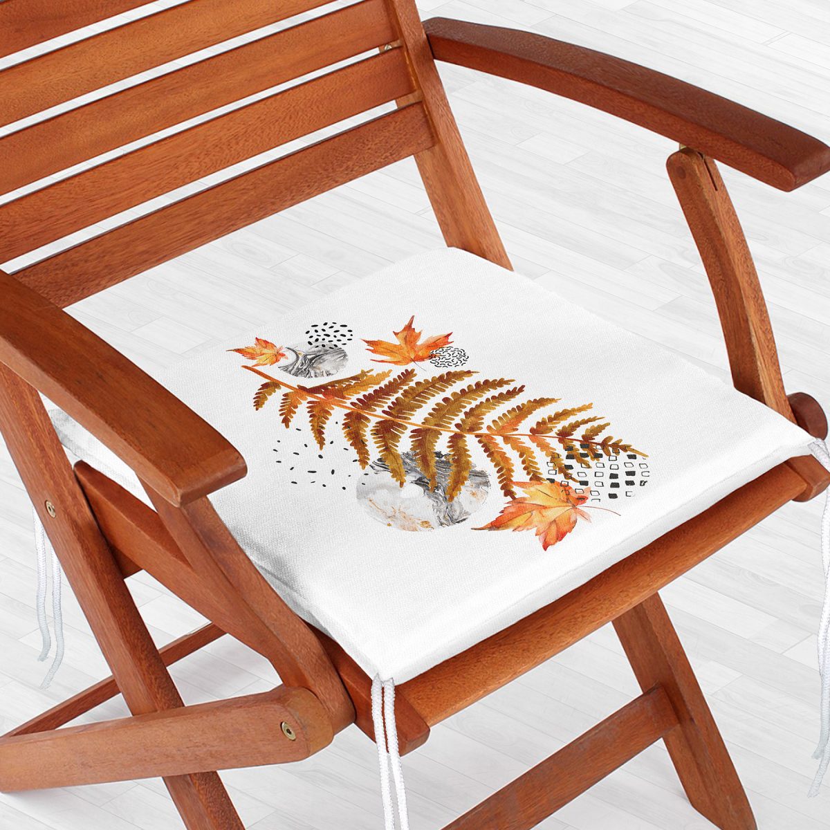 Beyaz Mermer Zemin Üzerinde Sonbahar Kurumuş Yaprak Desenli Fermuarlı Sandalye Minderi Realhomes