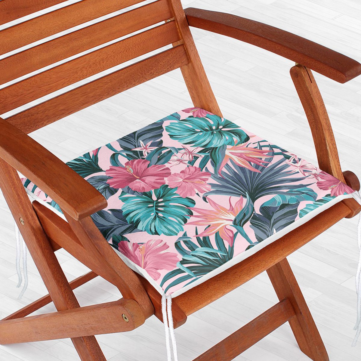 Pembe Zeminde Canlı Tropik Yaprakları Dijital Baskılı Fermuarlı Sandalye Minderi Realhomes