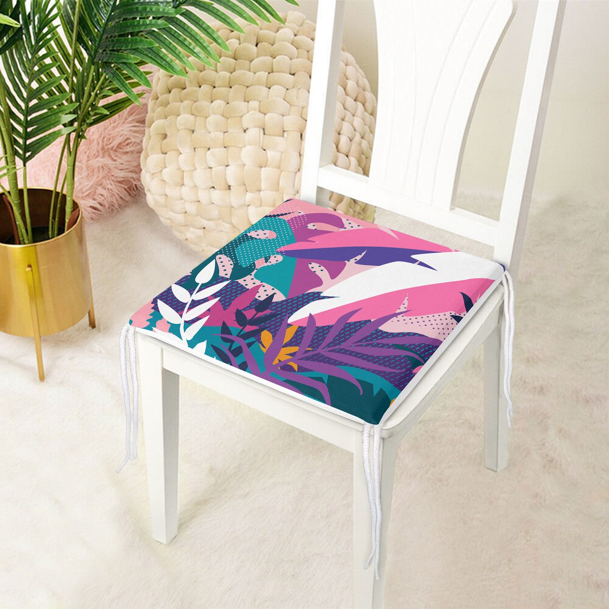 Rengarenk Yaprak Çizimli Modern Özel Tasarım Fermuarlı Sandalye Minderi Realhomes