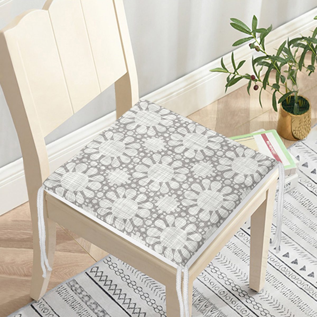 Gri Kot Desenli Güneş Motifli Dekoratif Modern Fermuarlı Sandalye Minderi Realhomes